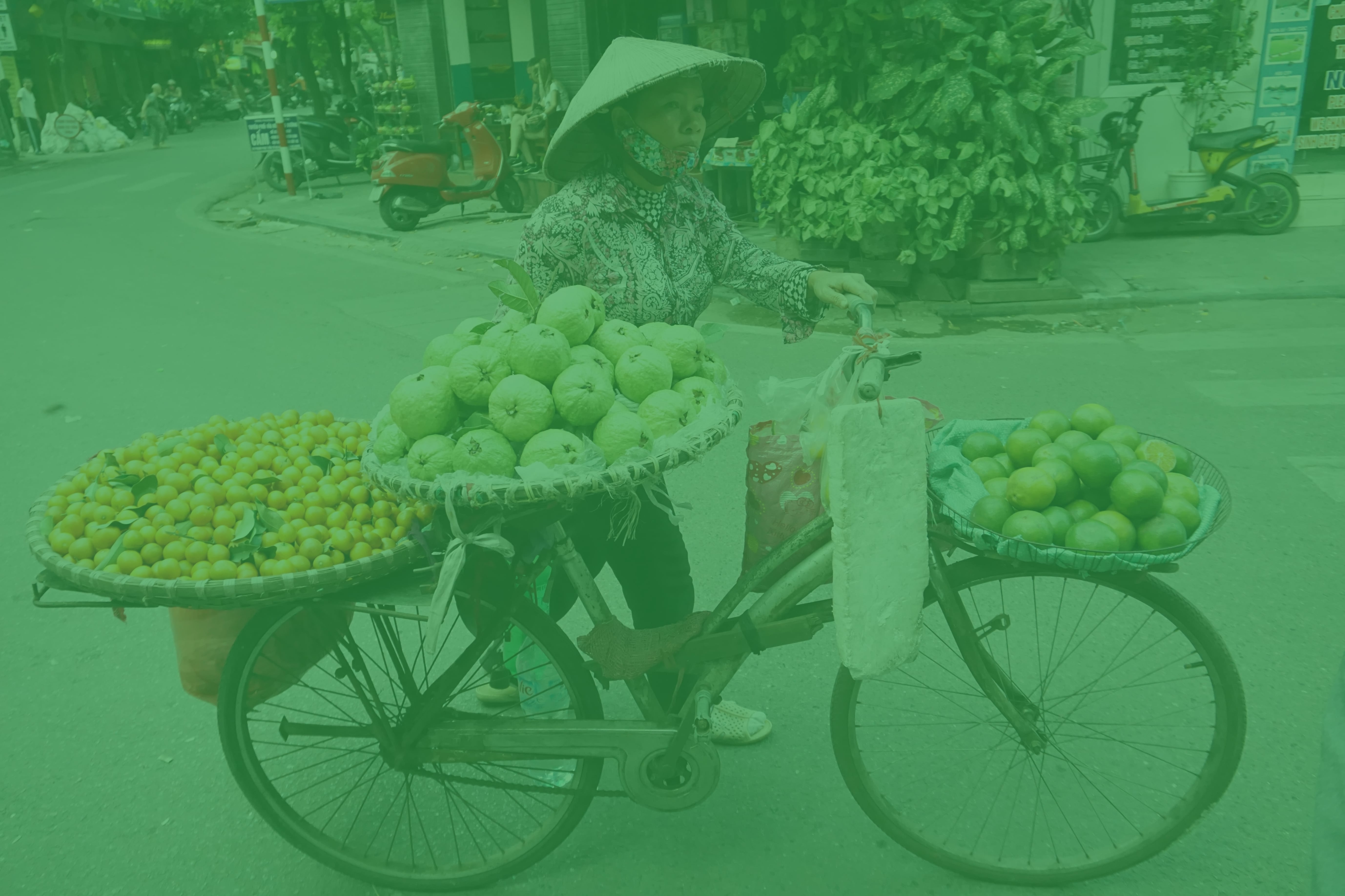 Woman rides a bike with a lot of food on it